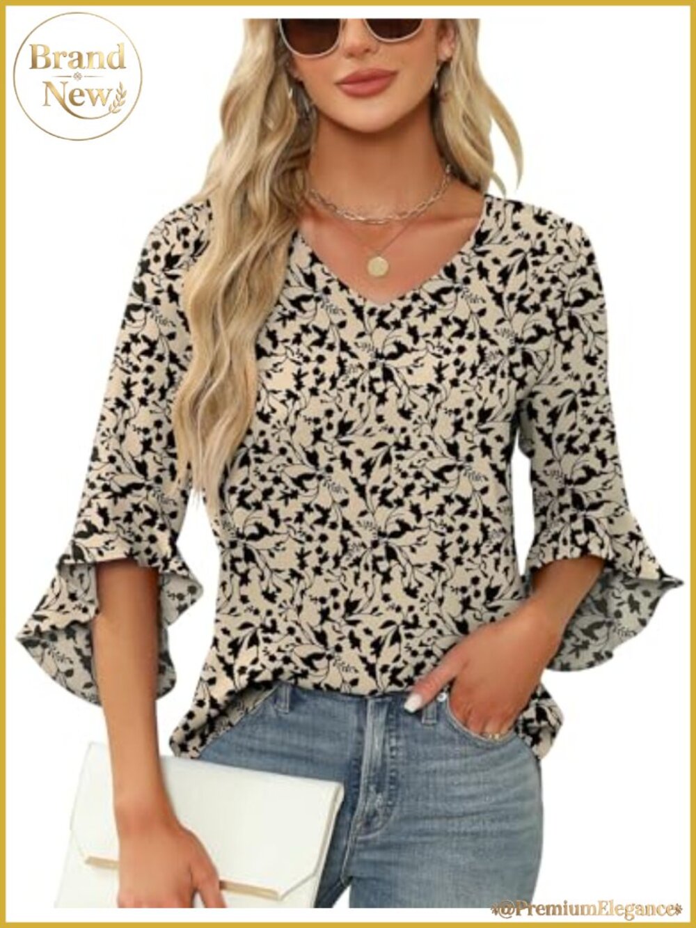 Women's Chiffon Ruffle 3/4 Sleeve V-Neck Flowy Tunic Blouse Dressy Casual